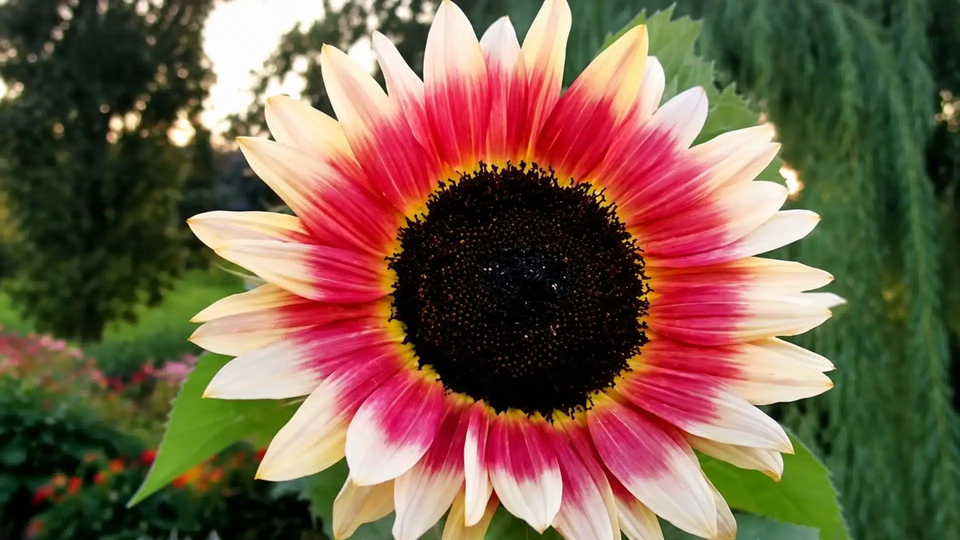pink and cream sunflower with dark center blooming against green garden foliage background
