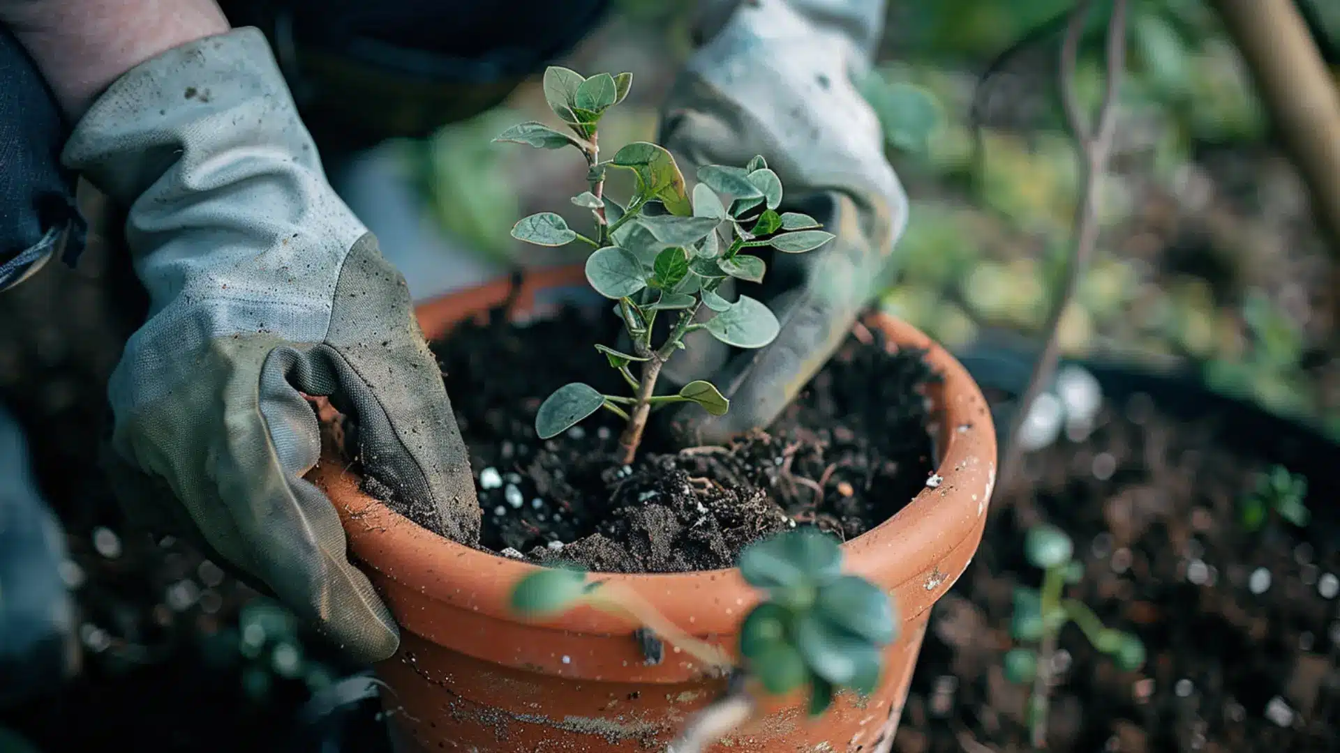 gloved hands planting a young eucalyptus sapling into a terracotta pot
