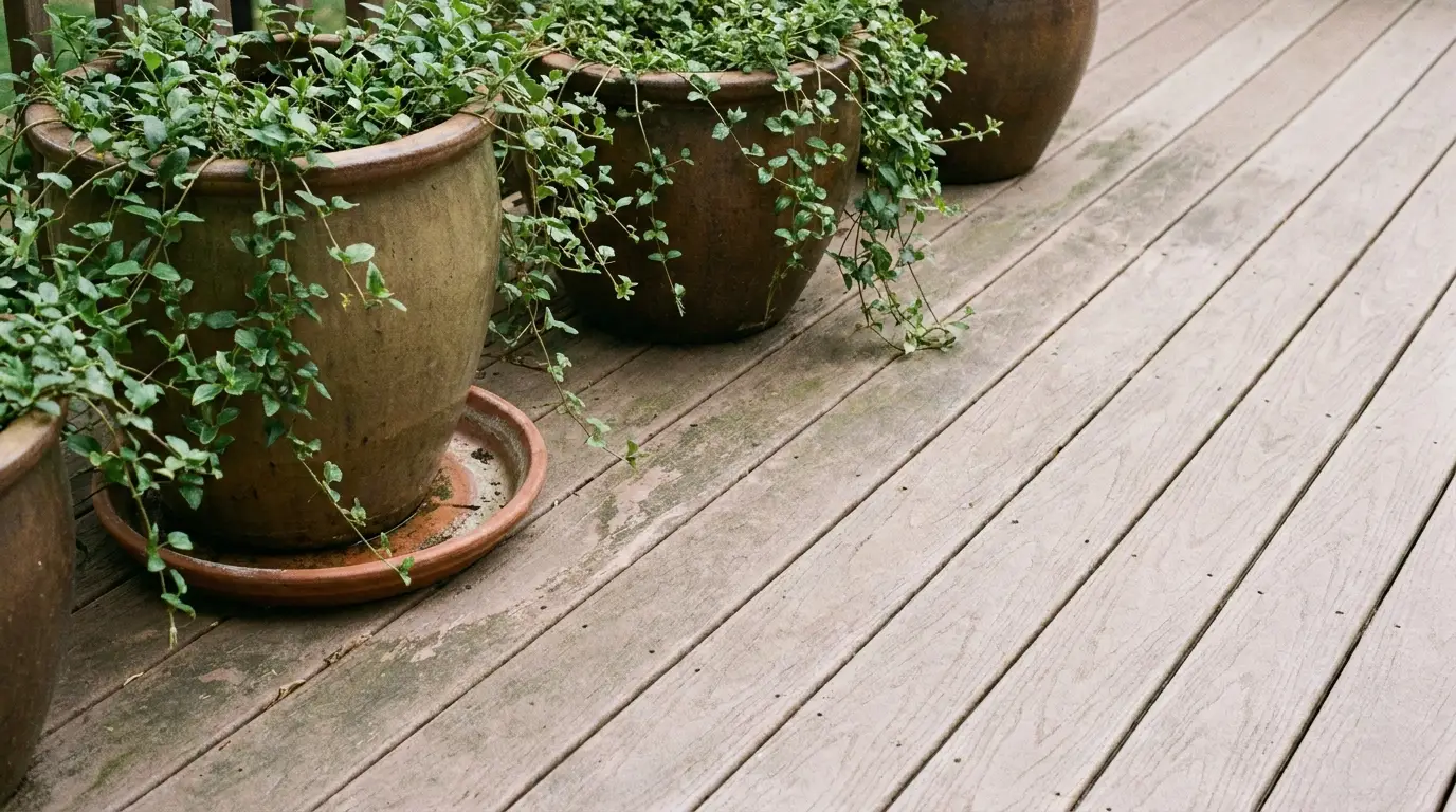 Potted plants with cascading greenery on wooden deck in outdoor setting
