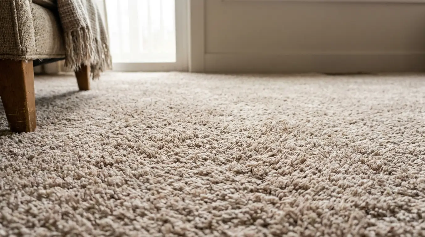 Plush beige carpet in a well-lit room with a cushioned chair in the corner
