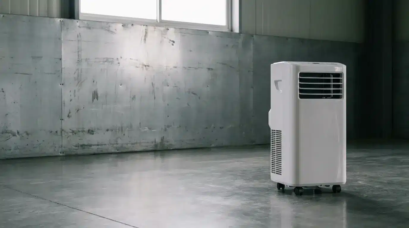 Portable air conditioner on wheels in industrial-style room with concrete floor and metal walls