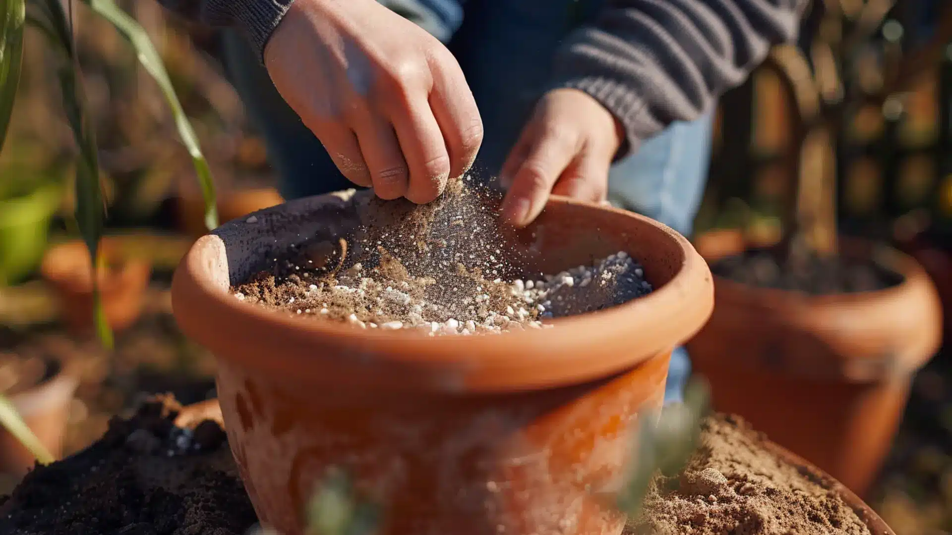 hands mixing sand and perlite into potting soil inside a terracotta pot
