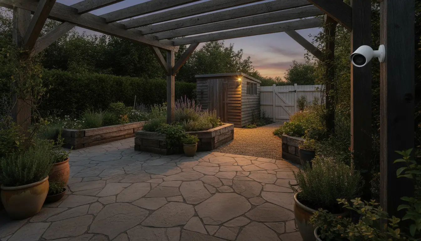 Stone patio with pergola and outdoor security camera at dusk in garden setting