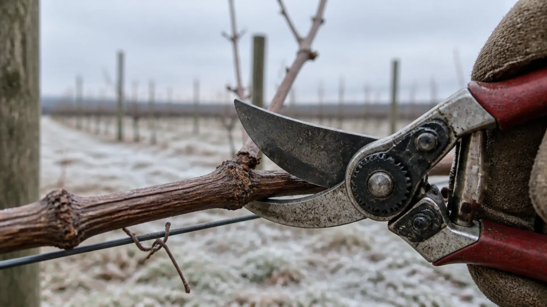 pruning a dormant grape vine cane in late winter