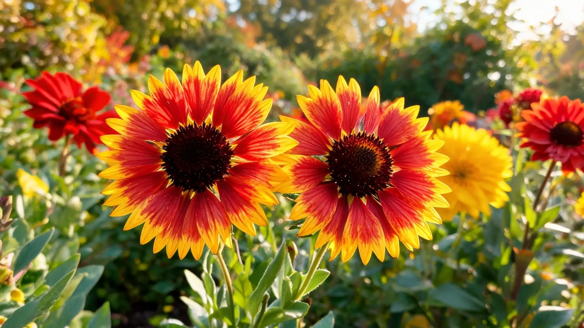 red and yellow sunflowers with dark centers growing in a sunny garden with blurred flowers background