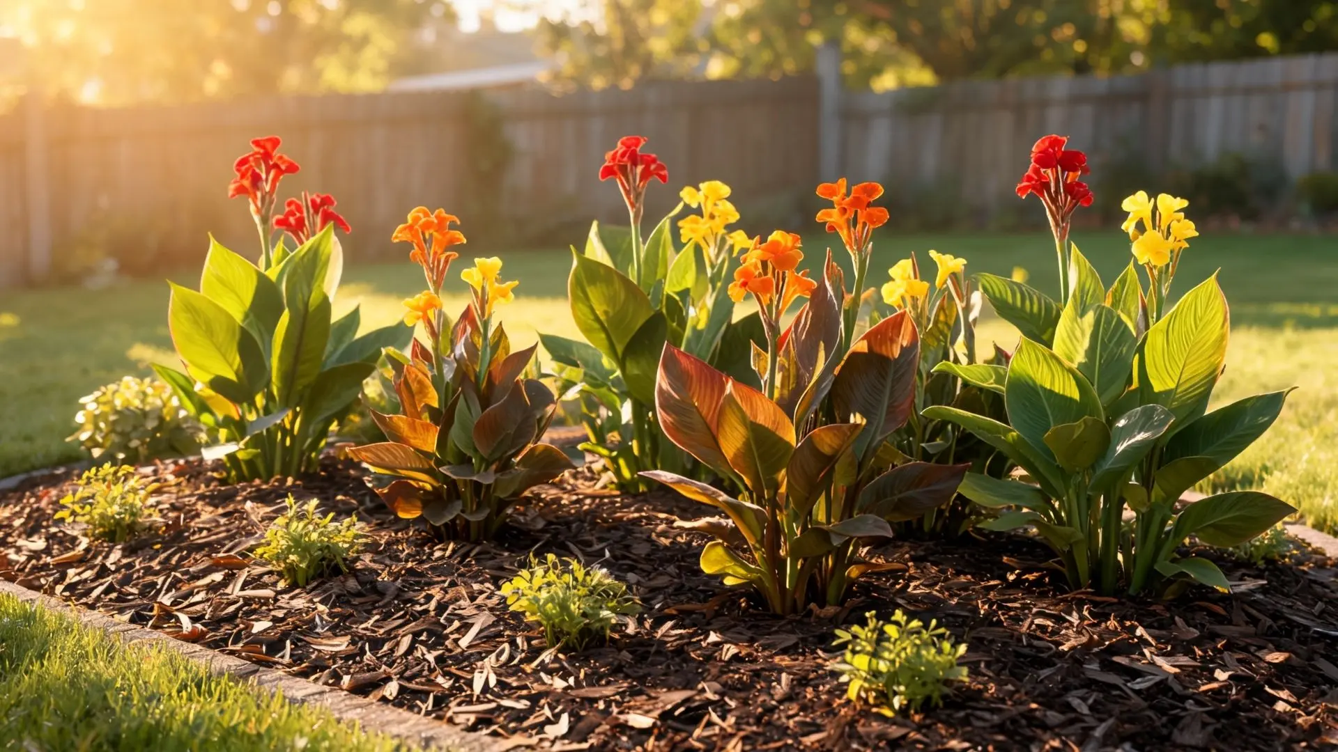 red orange and yellow canna lilies growing in a mulched backyard garden bed under warm sunlight