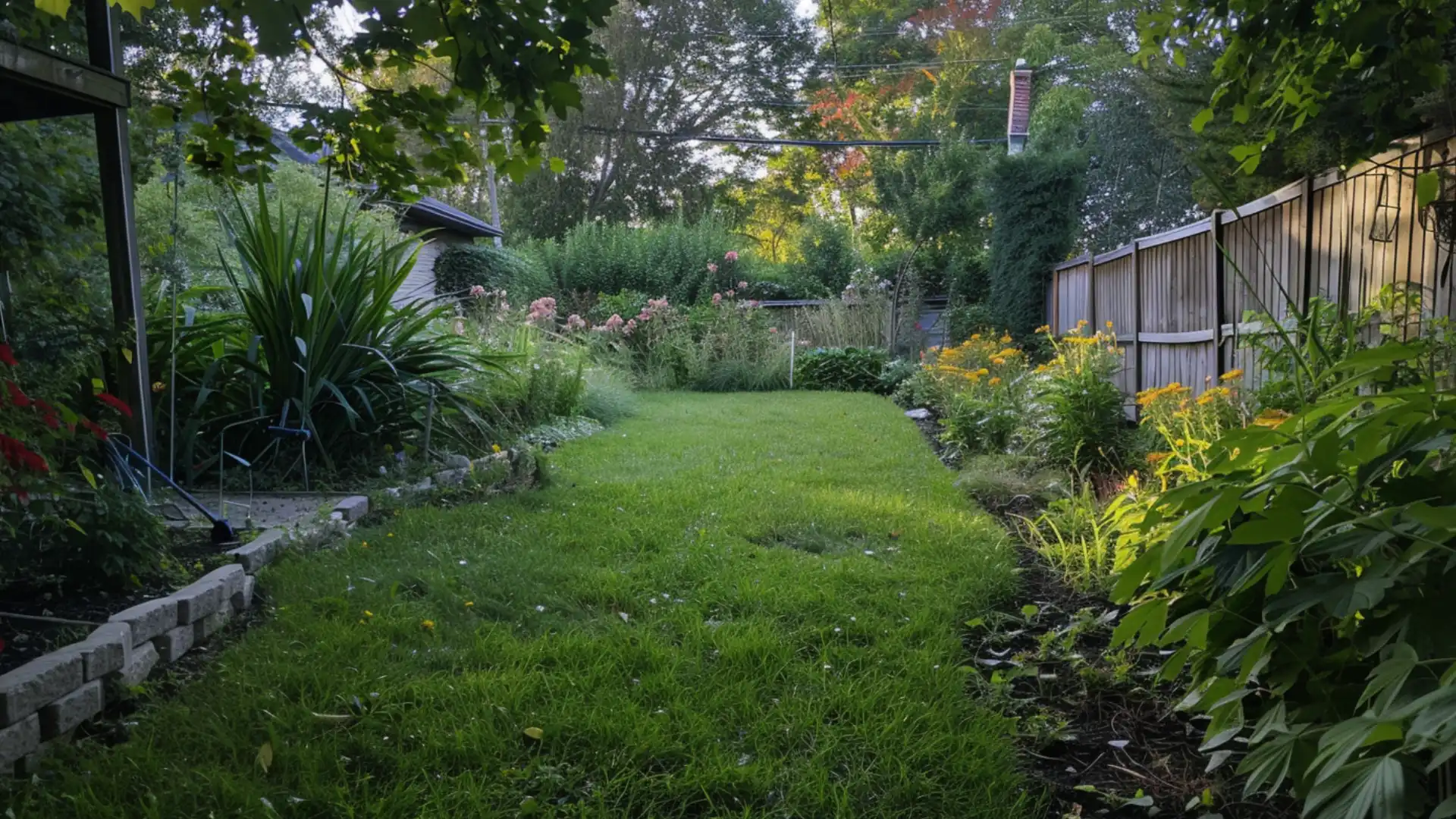narrow lawn strip bordered by dense native flower beds and tall grasses along a fence.