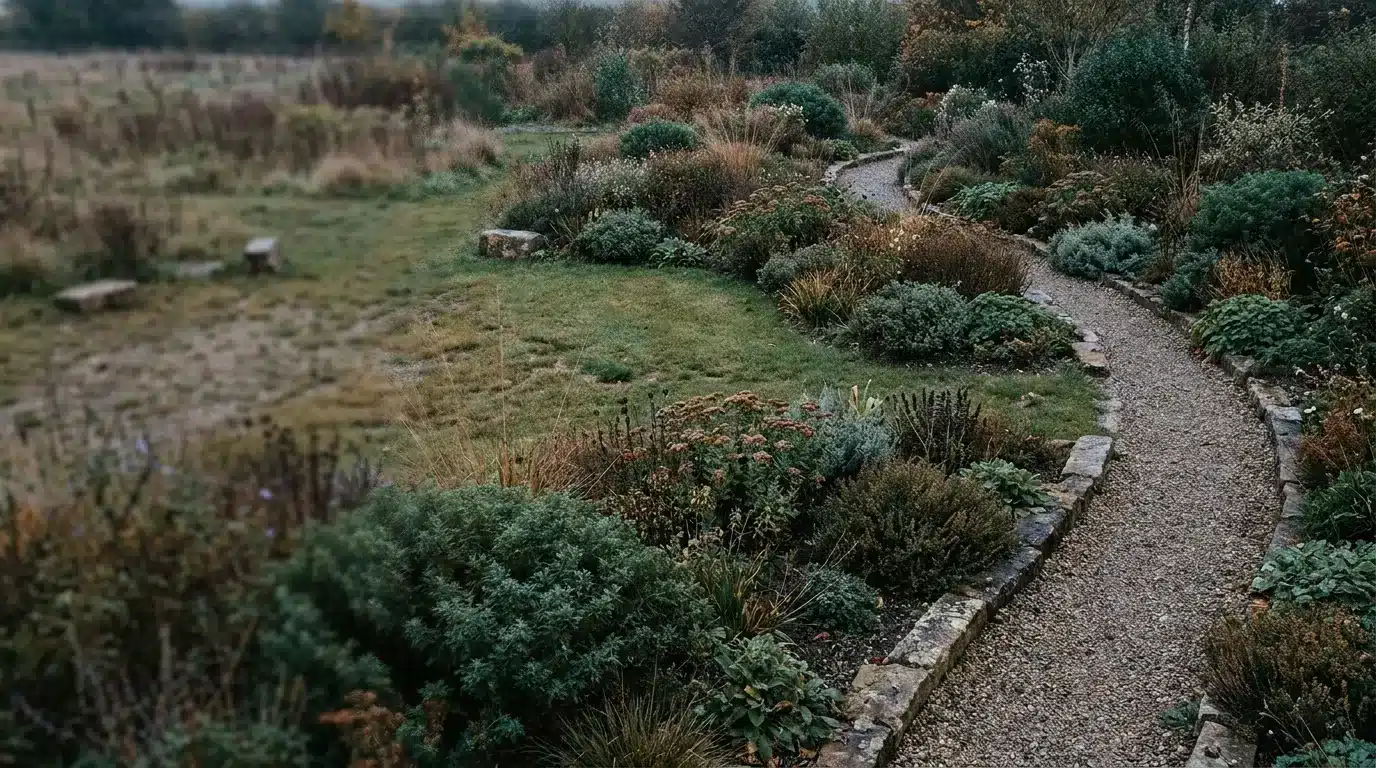 Gravel path winding through lush garden with various shrubs and plants in autumn setting