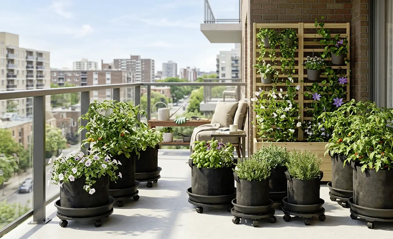 Potted plants and herbs on apartment balcony with cityscape background in bright sunlight