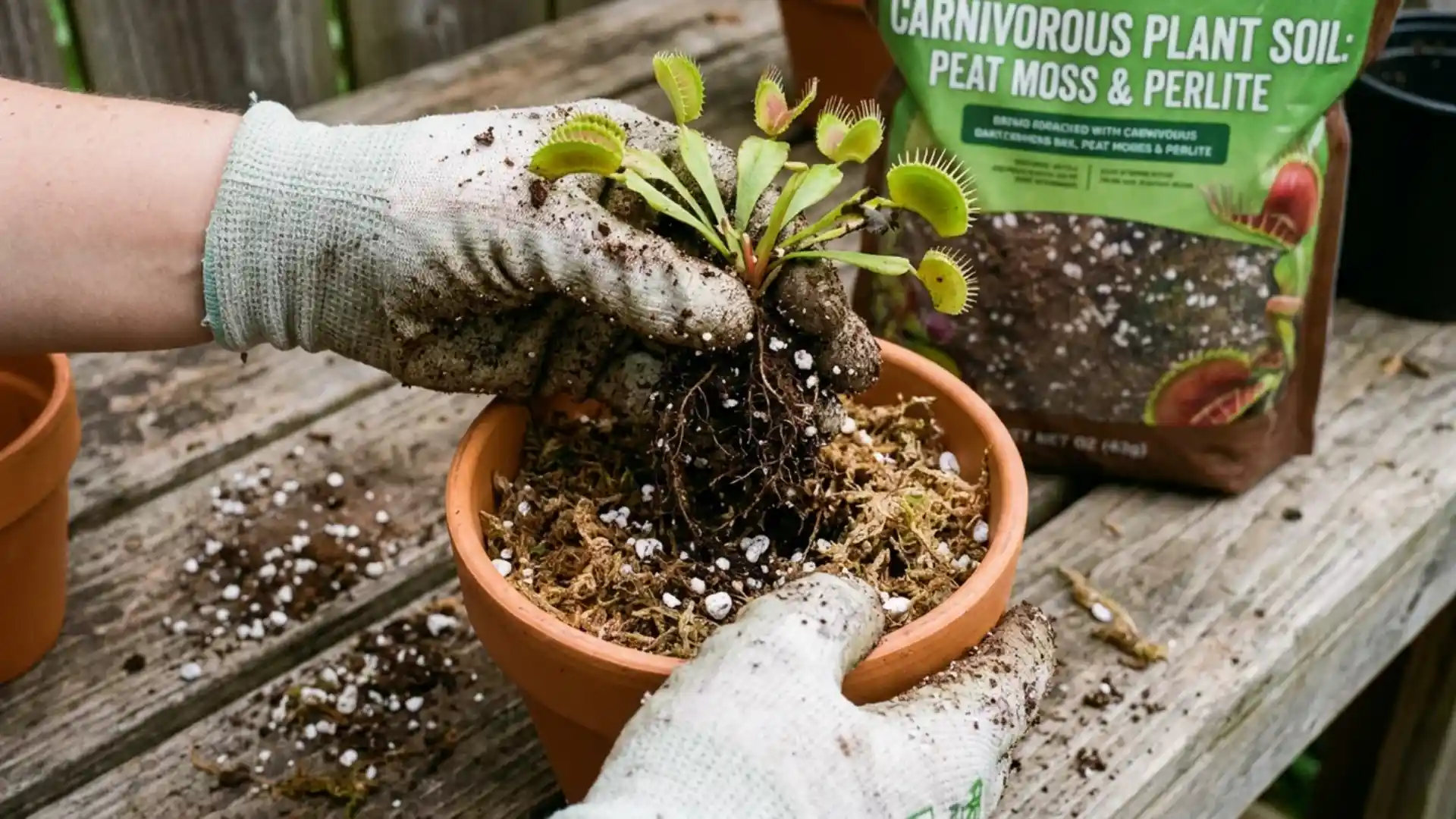 hands repotting a venus flytrap into fresh peat moss and perlite soil