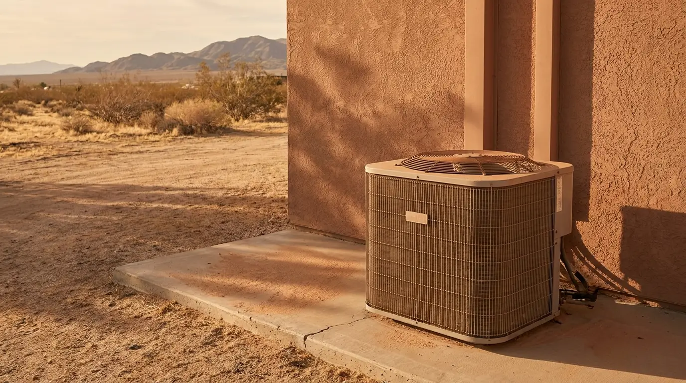 Outdoor air conditioning unit next to stucco wall in desert landscape under warm sunlight