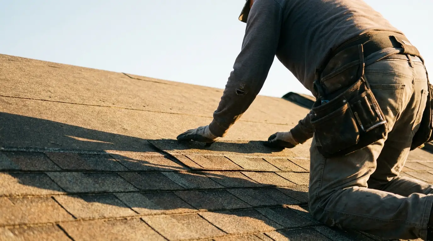 Roofer working on shingle roof under bright sunlight wearing tool belt