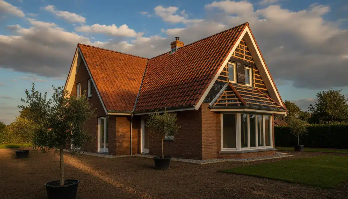 Brick house with terracotta roof and young trees under evening light