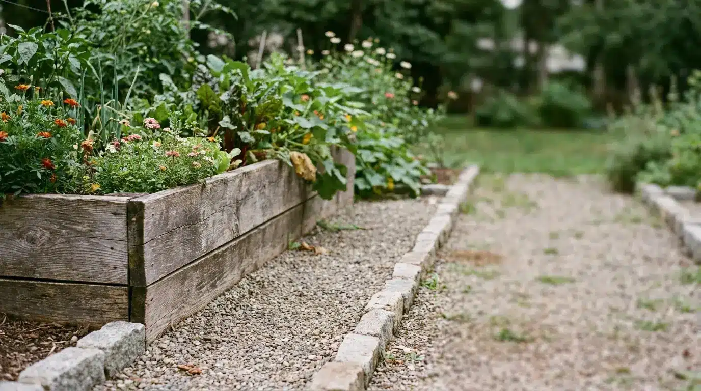 Raised garden bed with blooming flowers and lush greenery in outdoor setting