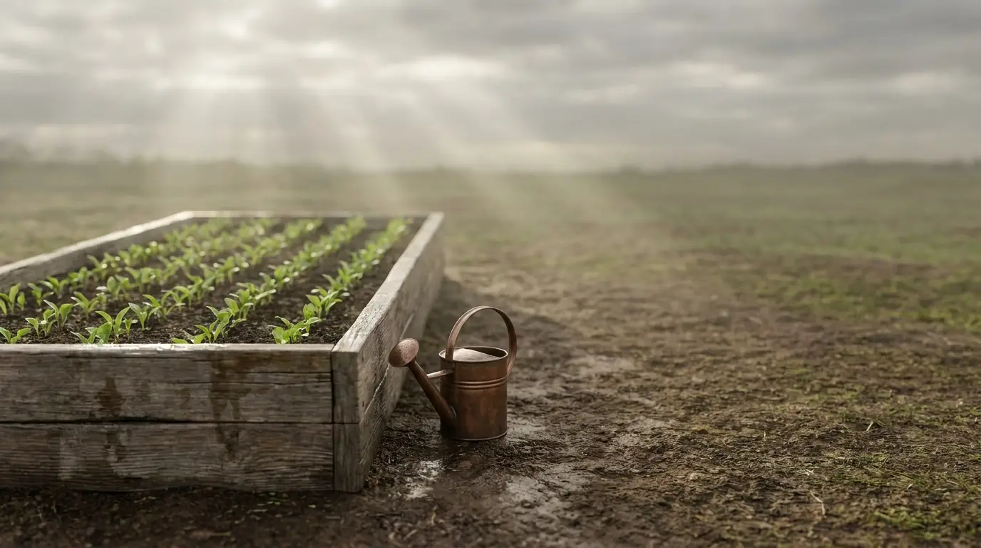 Raised garden bed with young plants and a copper watering can under cloudy sky