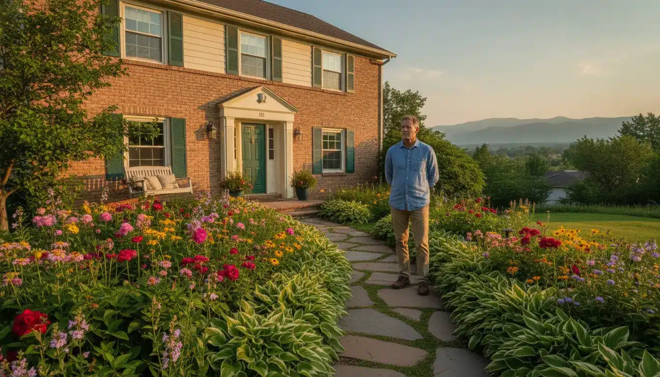 Woman receiving keys outside rustic house with colorful flower garden in warm daylight
