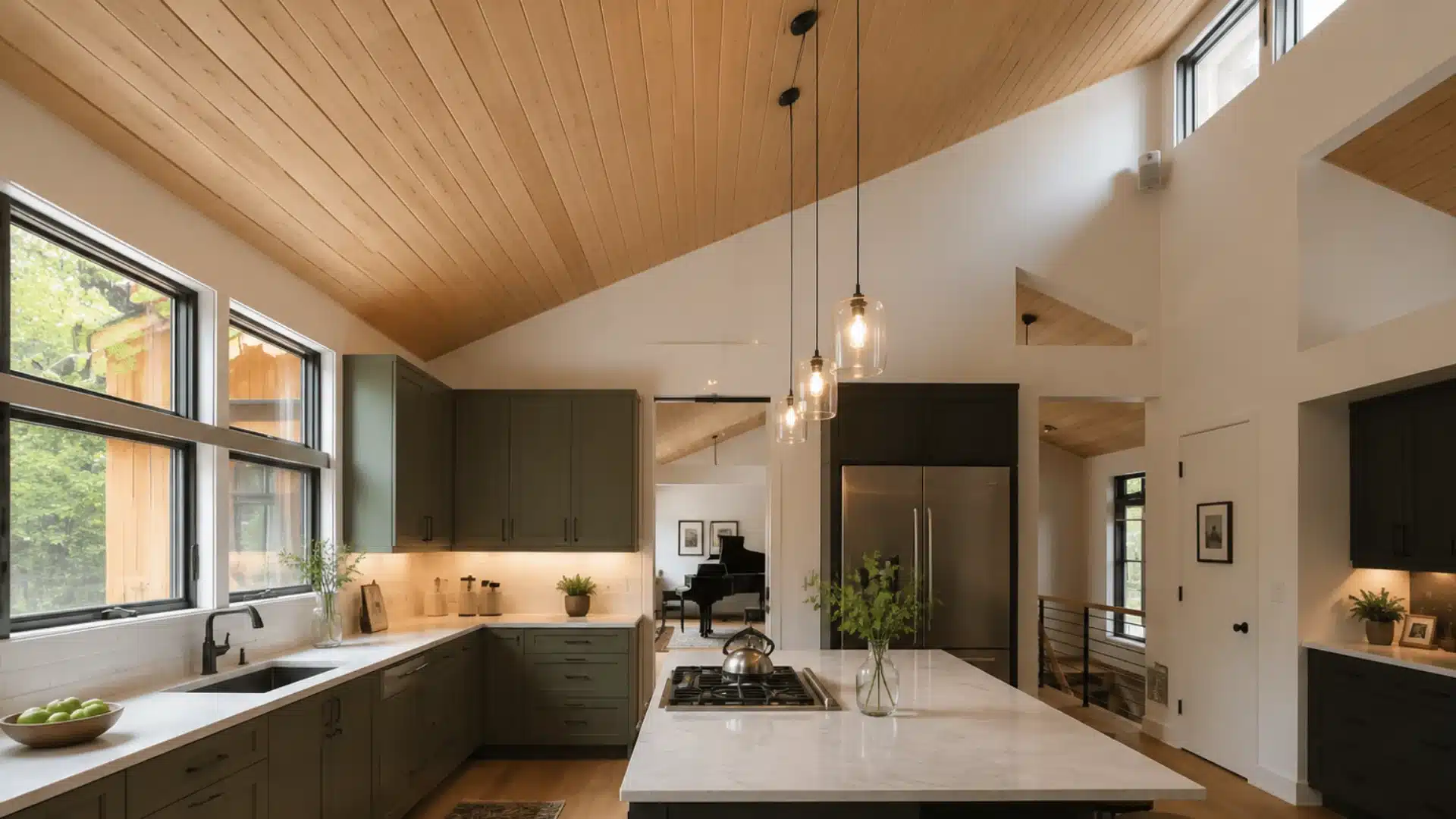 single slope wood shed vault ceiling above a modern kitchen island with pendant lighting
