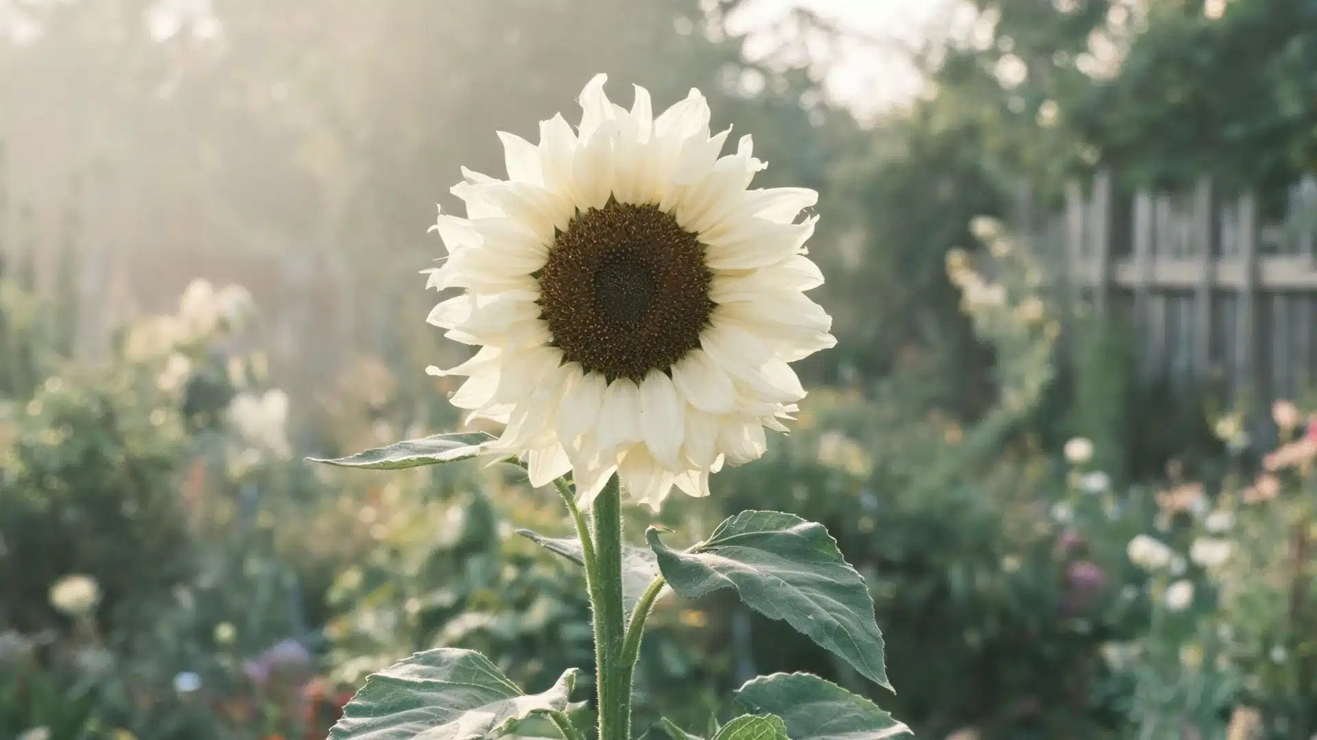 single white sunflower with creamy petals and a dark brown seed center, backlit by soft morning sunlight in a lush garde