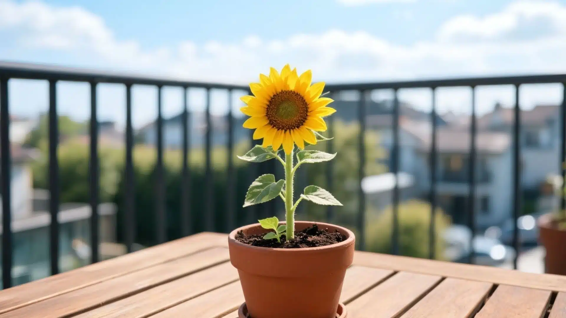 single yellow sunflower growing in a terracotta pot on a balcony with blurred buildings and blue sky background