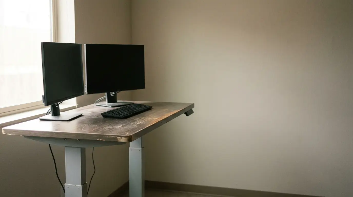 Dual monitors and keyboard on adjustable wooden desk in minimalist office setup