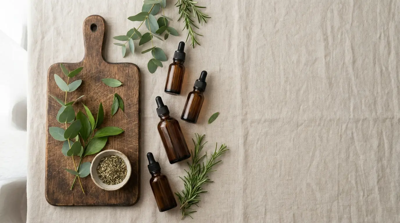 Amber dropper bottles, eucalyptus leaves, and herbs on wooden cutting board, against linen background