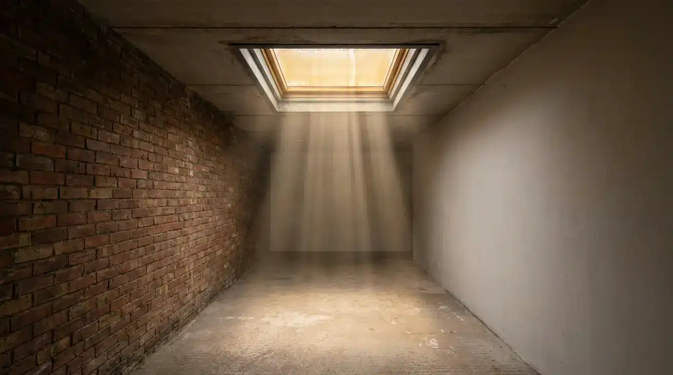 Sunlight streaming through skylight onto empty room with brick and plaster walls