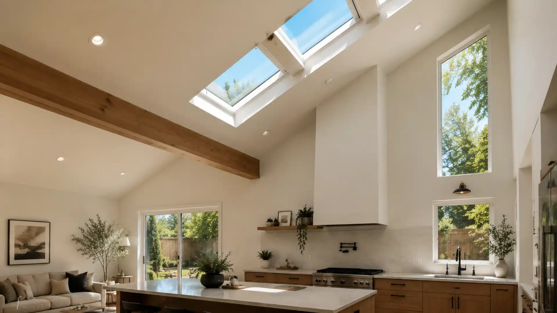 vaulted kitchen ceiling with a rectangular skylight and exposed wood beam