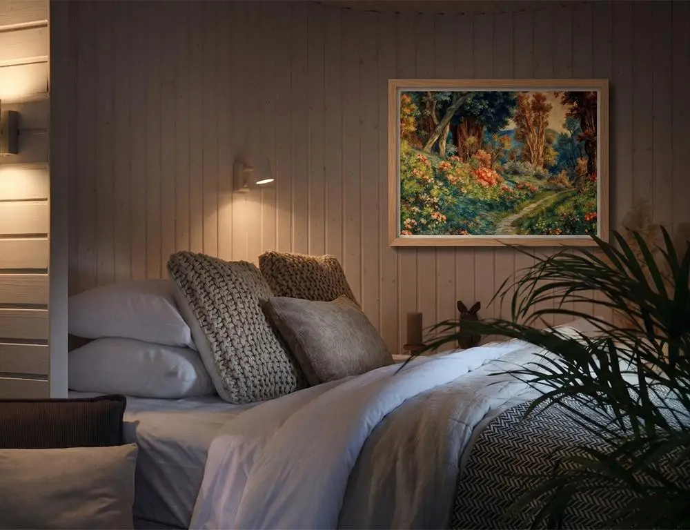Cozy bedroom with knitted pillows and landscape painting on wooden wall