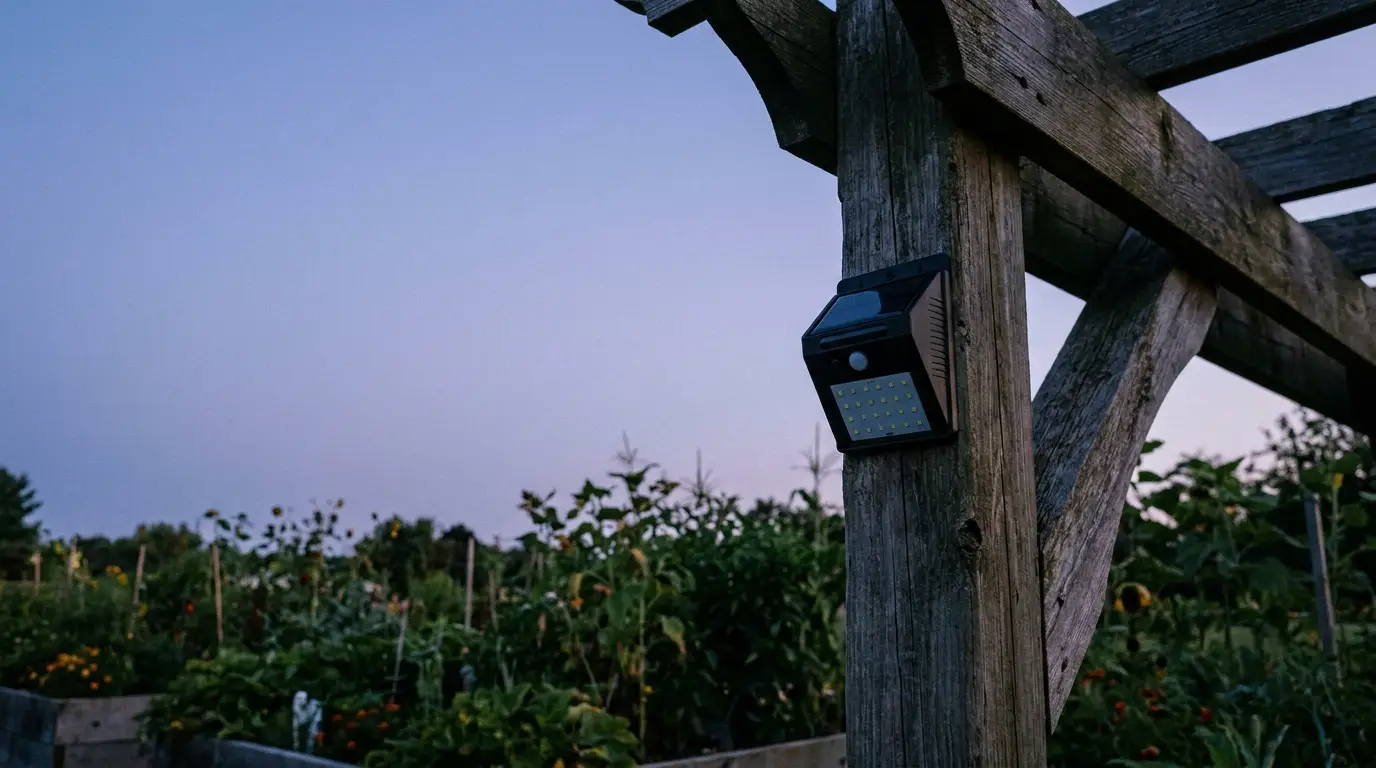 Solar-powered garden light attached to wooden post in outdoor vegetable garden at dusk