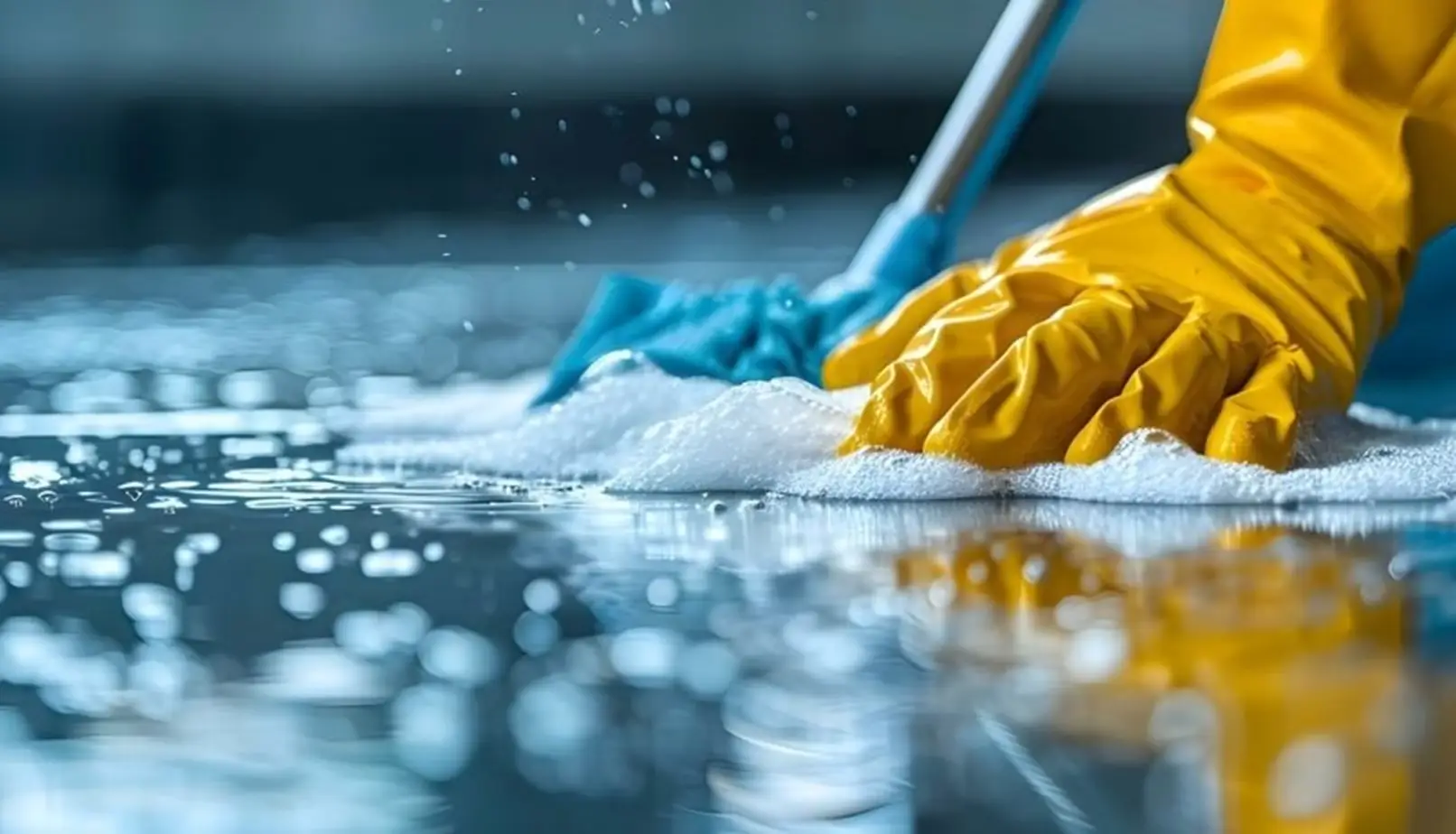 Gloved hand mopping soapy water on shiny floor with blue mop head