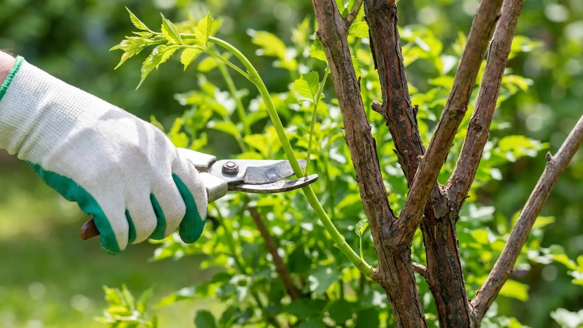 gloved hand using pruners to cut soft green stem near woody branch outdoors