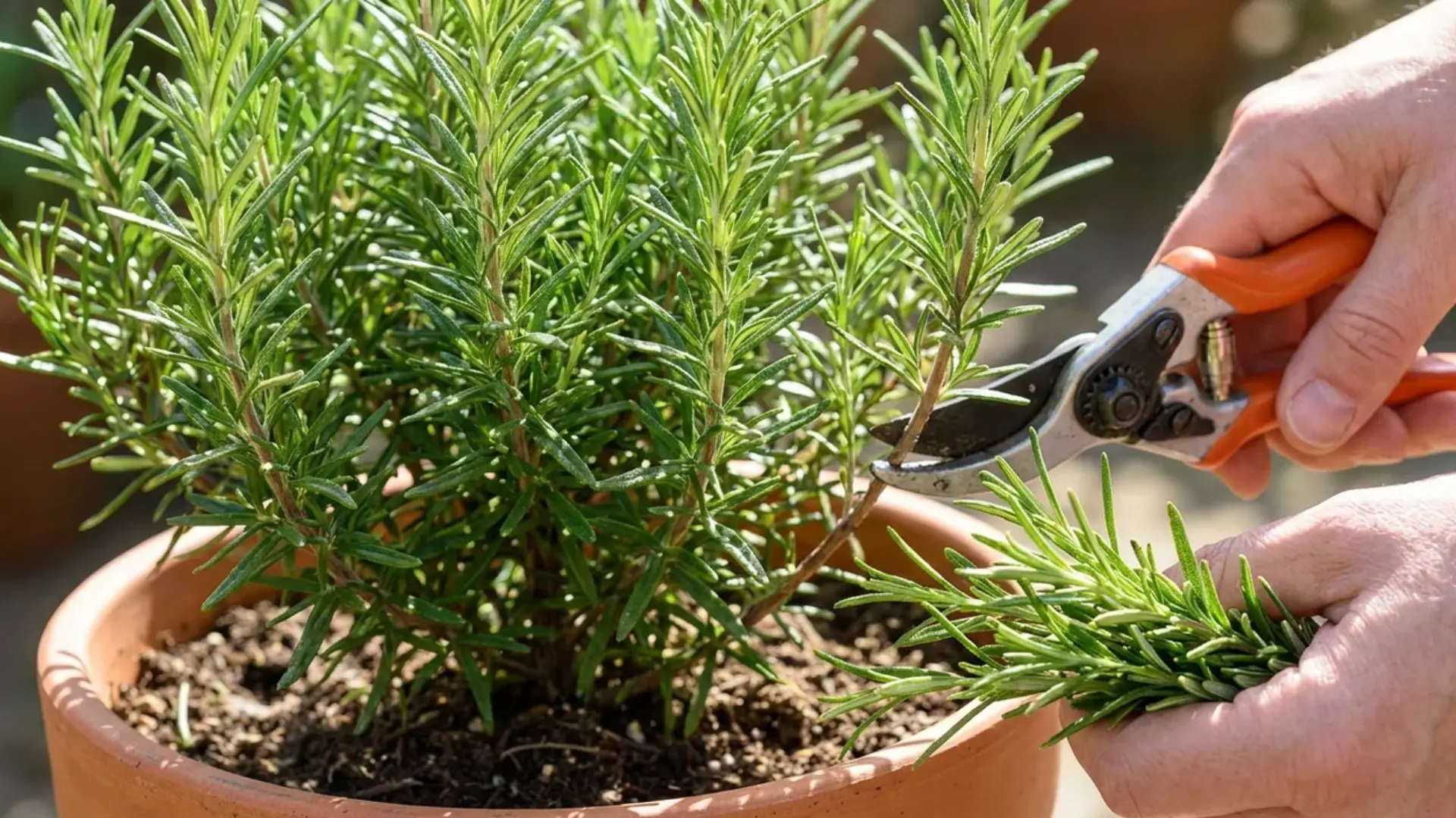 hand harvesting fresh rosemary with pruning shears from a potted herb plant in bright sunlight