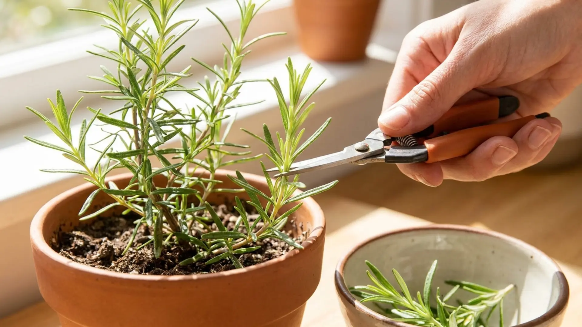 hand trimming potted rosemary with small pruning scissors beside freshly cut herb sprigs indoors