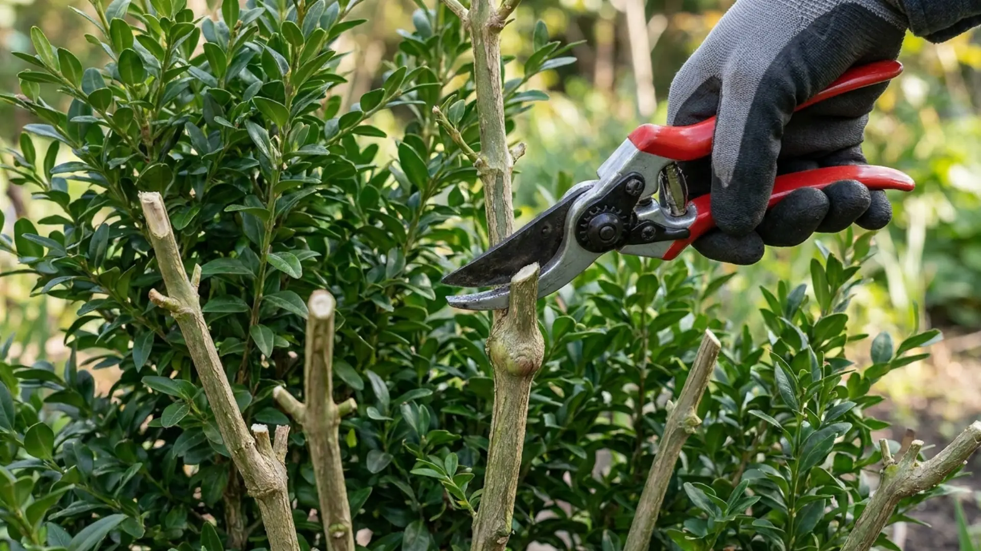 gloved hand pruning evergreen shrub with red shears in a garden during daylight