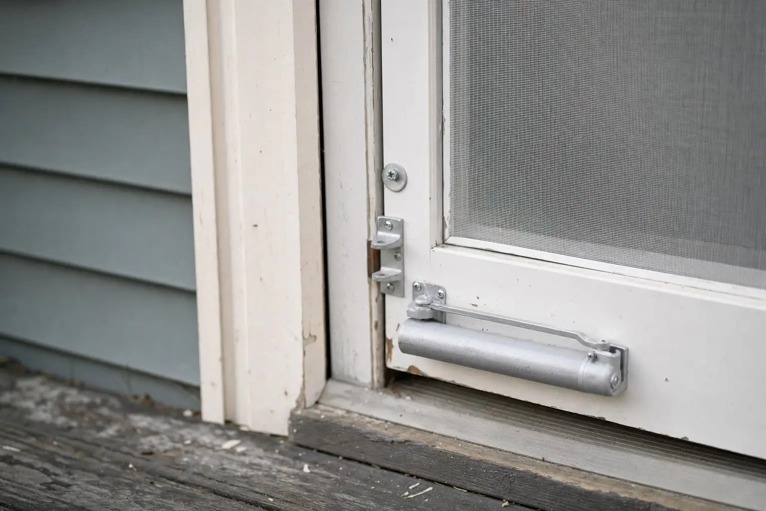 Close-up of screen door hinge and closer on wooden porch floor