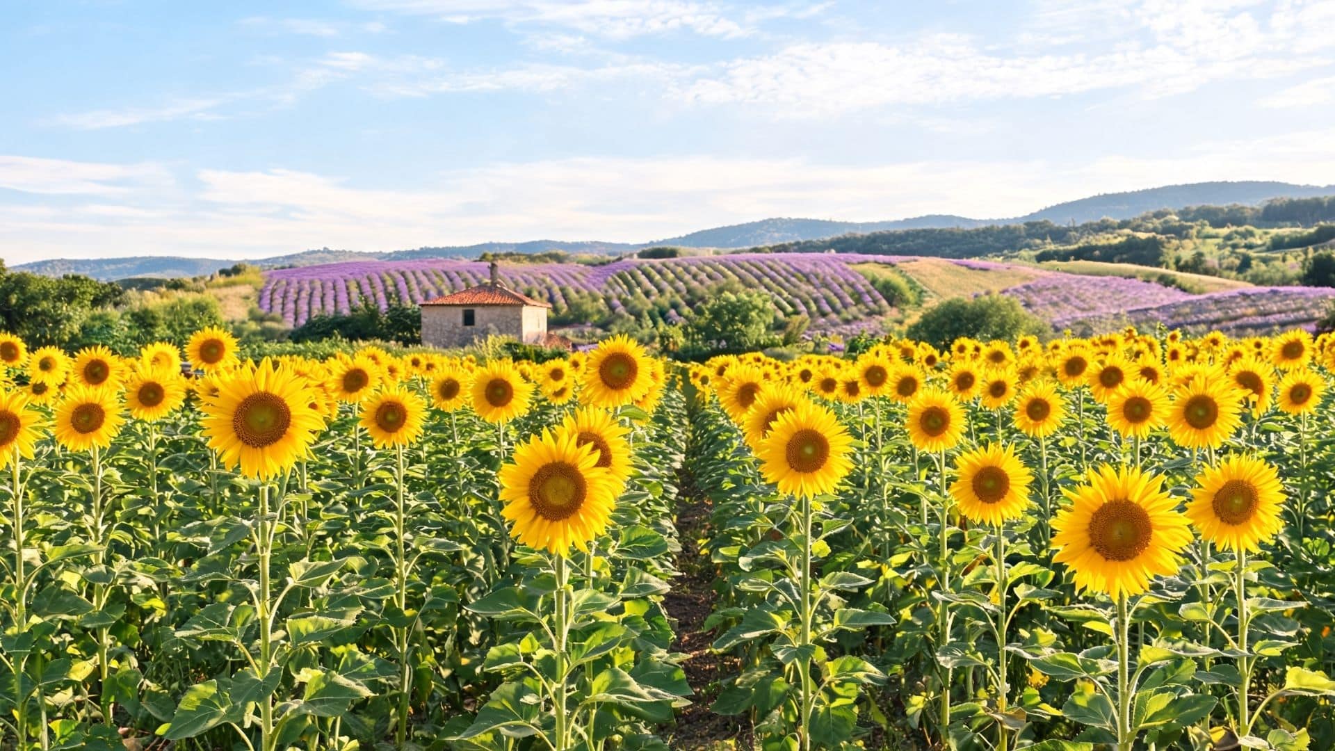 sunflower field with rows of yellow blooms green plants rolling hills and purple flower fields under a blue sky