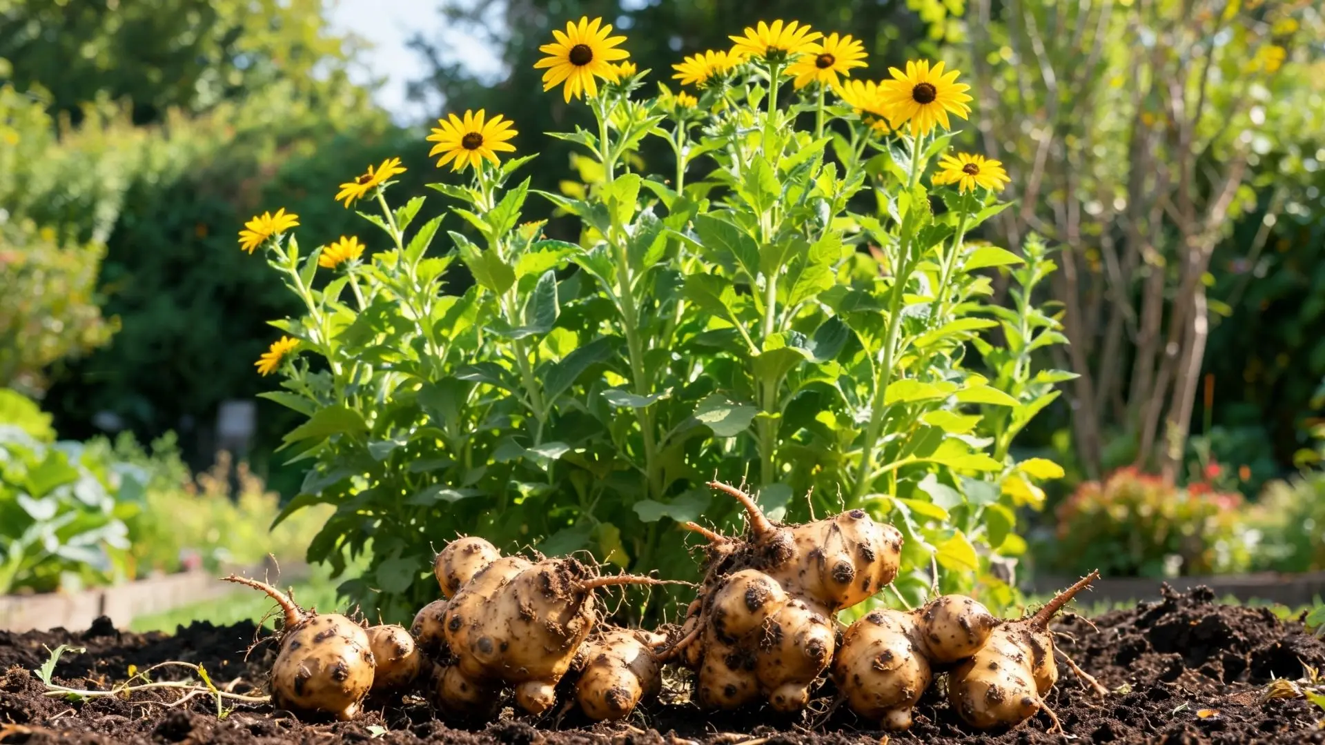sunflowers growing above freshly harvested tubers in garden soil with green foliage and bright natural sunlight background