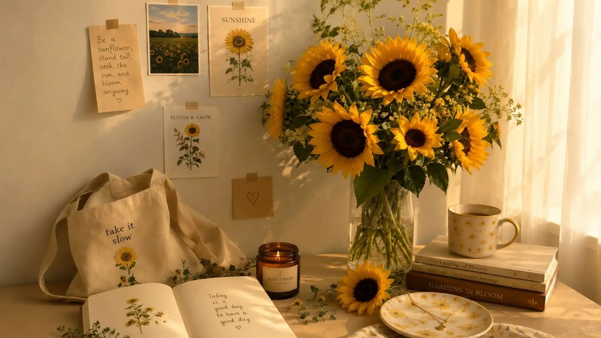 sunlit-sunflower-bouquet-beside-books-a-candle-a-floral-cup-and-an-open-journal-on-a-cozy-table