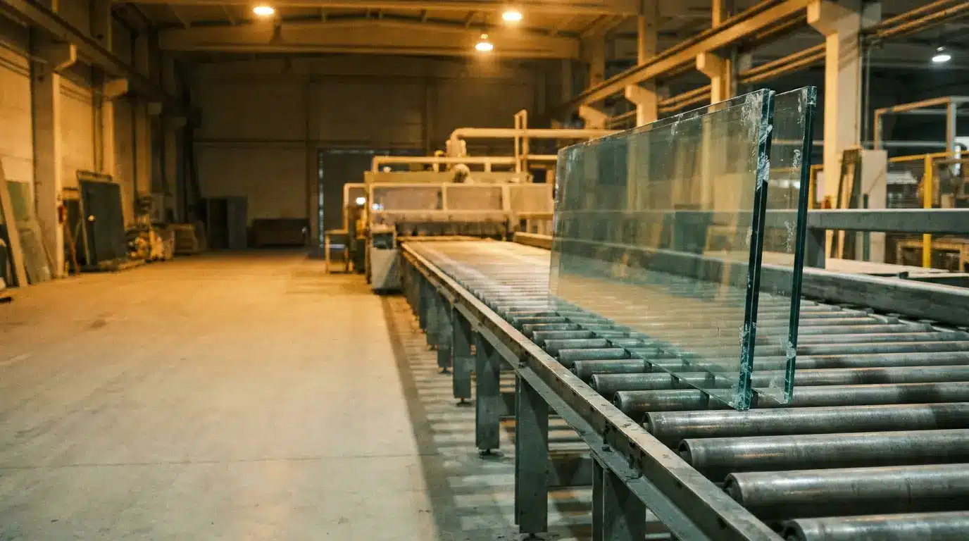 Glass sheets on a conveyor belt in an industrial factory with warm overhead lighting