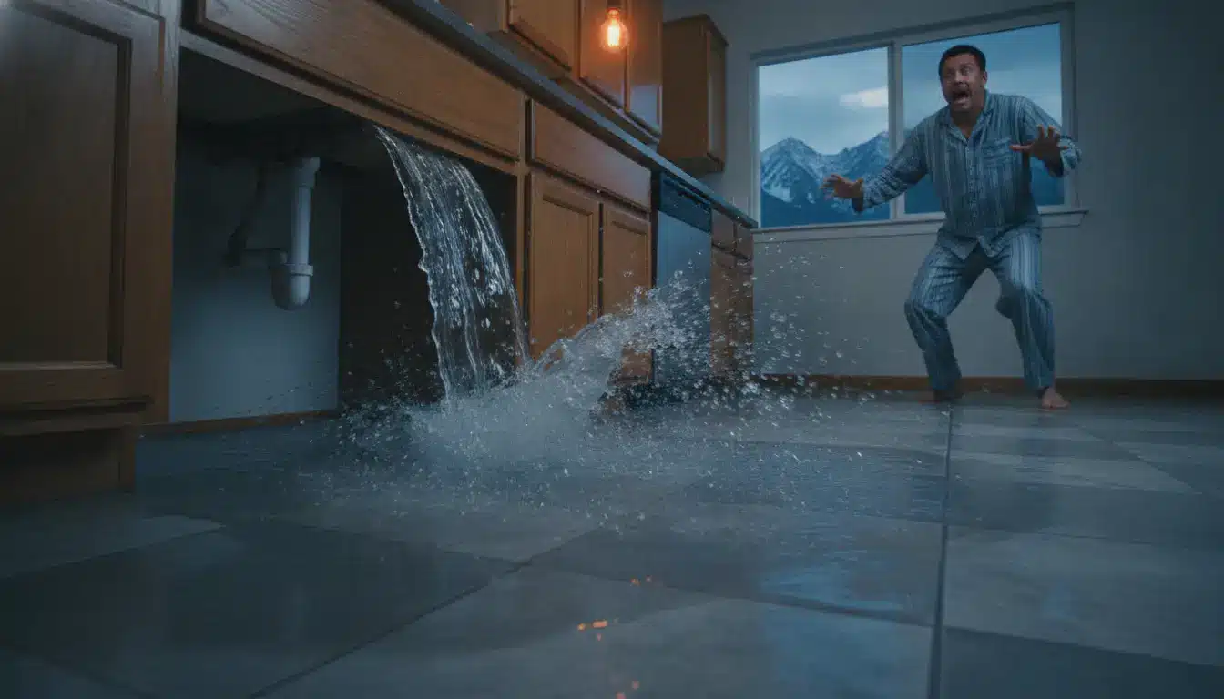 Kitchen flooding from burst pipe with surprised man in pajamas reacting to water gush