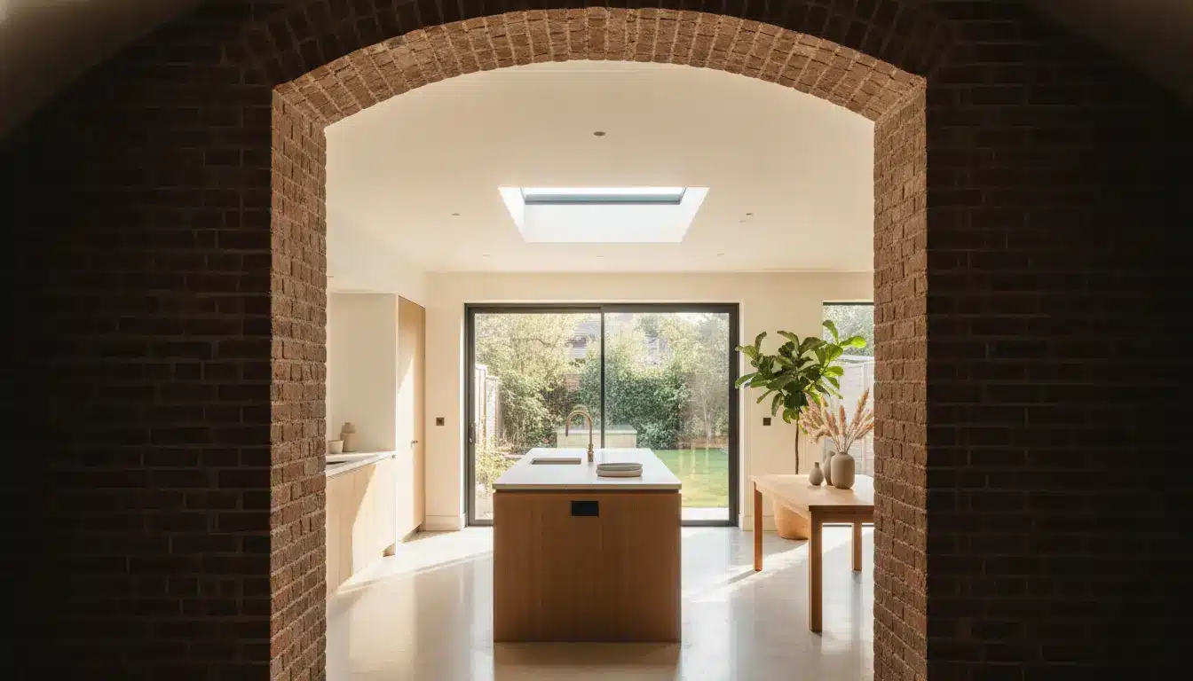 Modern kitchen with island and large windows overlooking a garden through an arched brick entrance