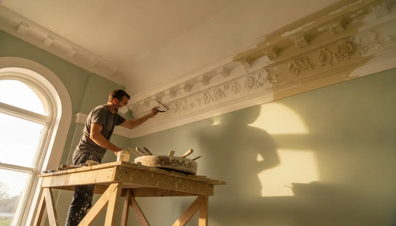 Man restoring ornate ceiling molding in sunlit room using tools on wooden scaffolding