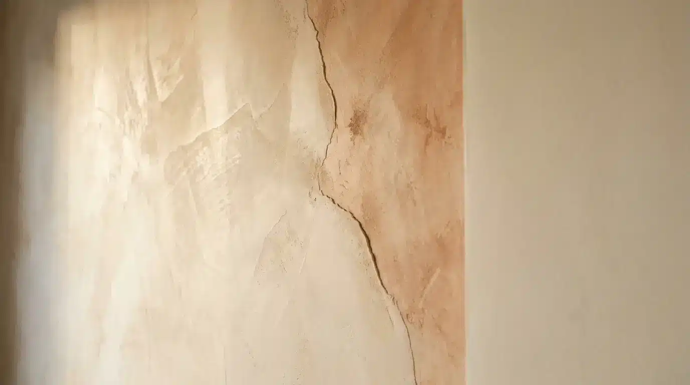 Cracked textured wall in warm beige and terracotta tones with natural light reflections