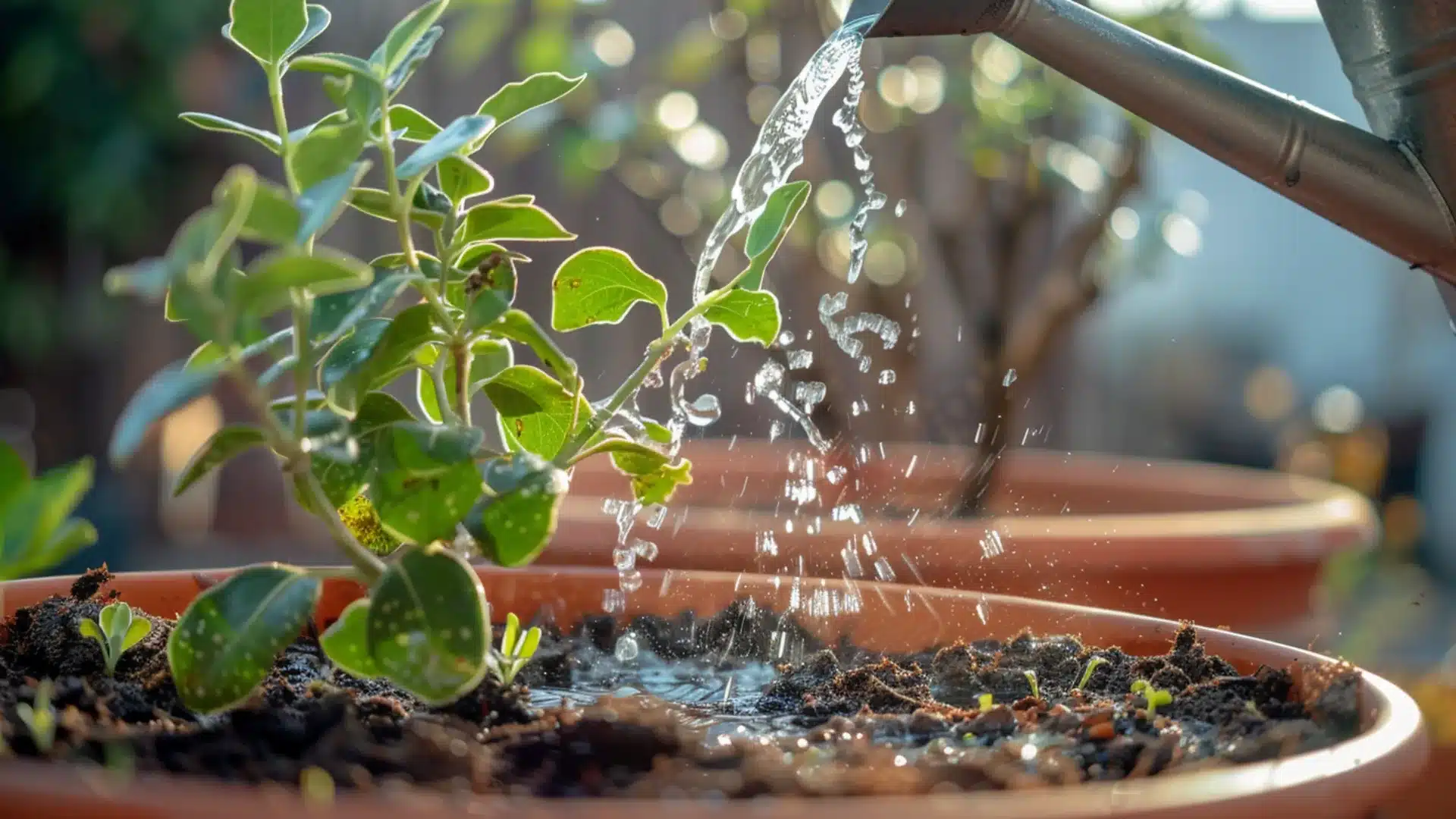 watering can pouring water over a young potted eucalyptus plant outdoors