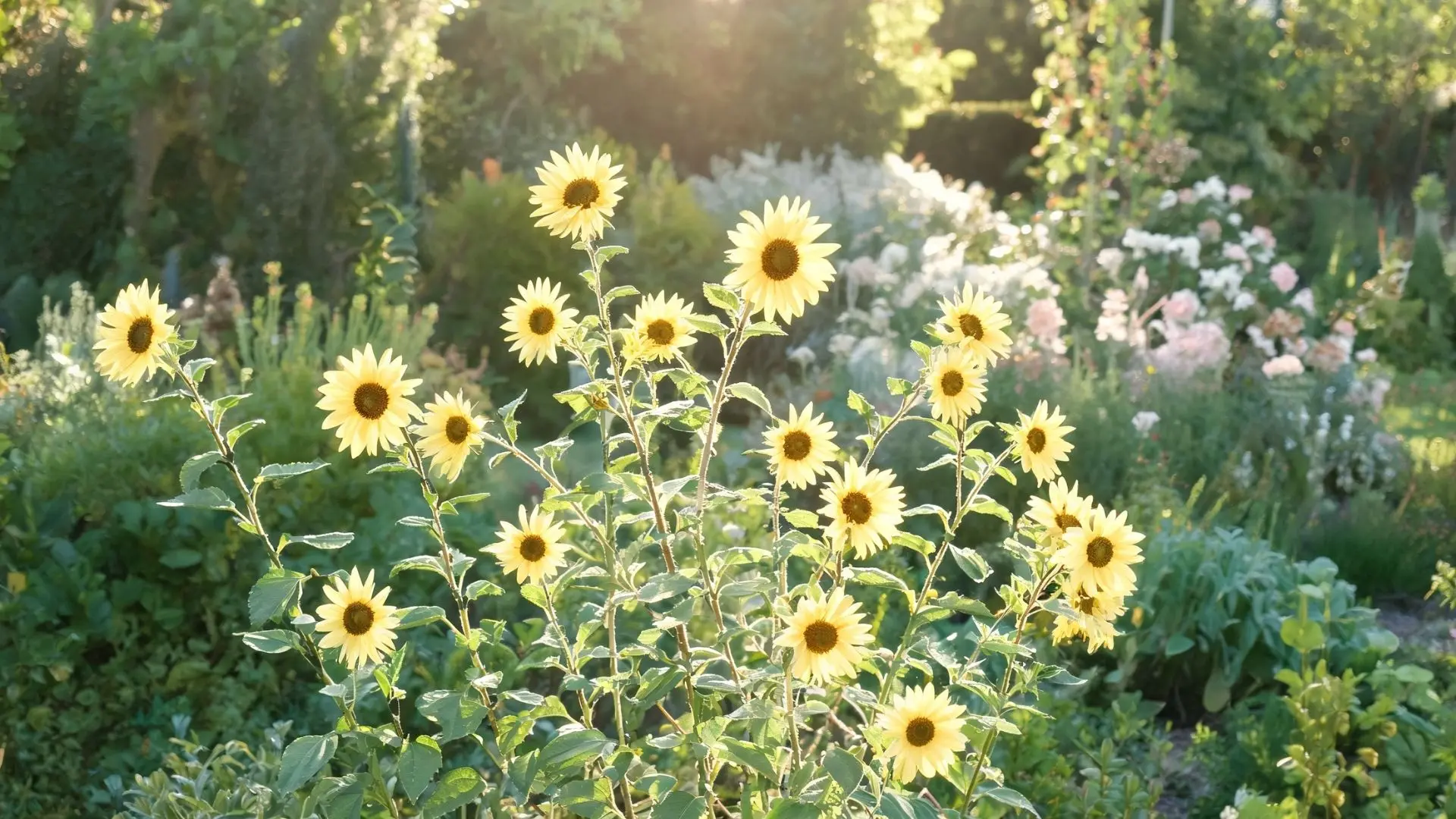 white and pale yellow sunflowers blooming in a lush garden with soft sunlight and green plants