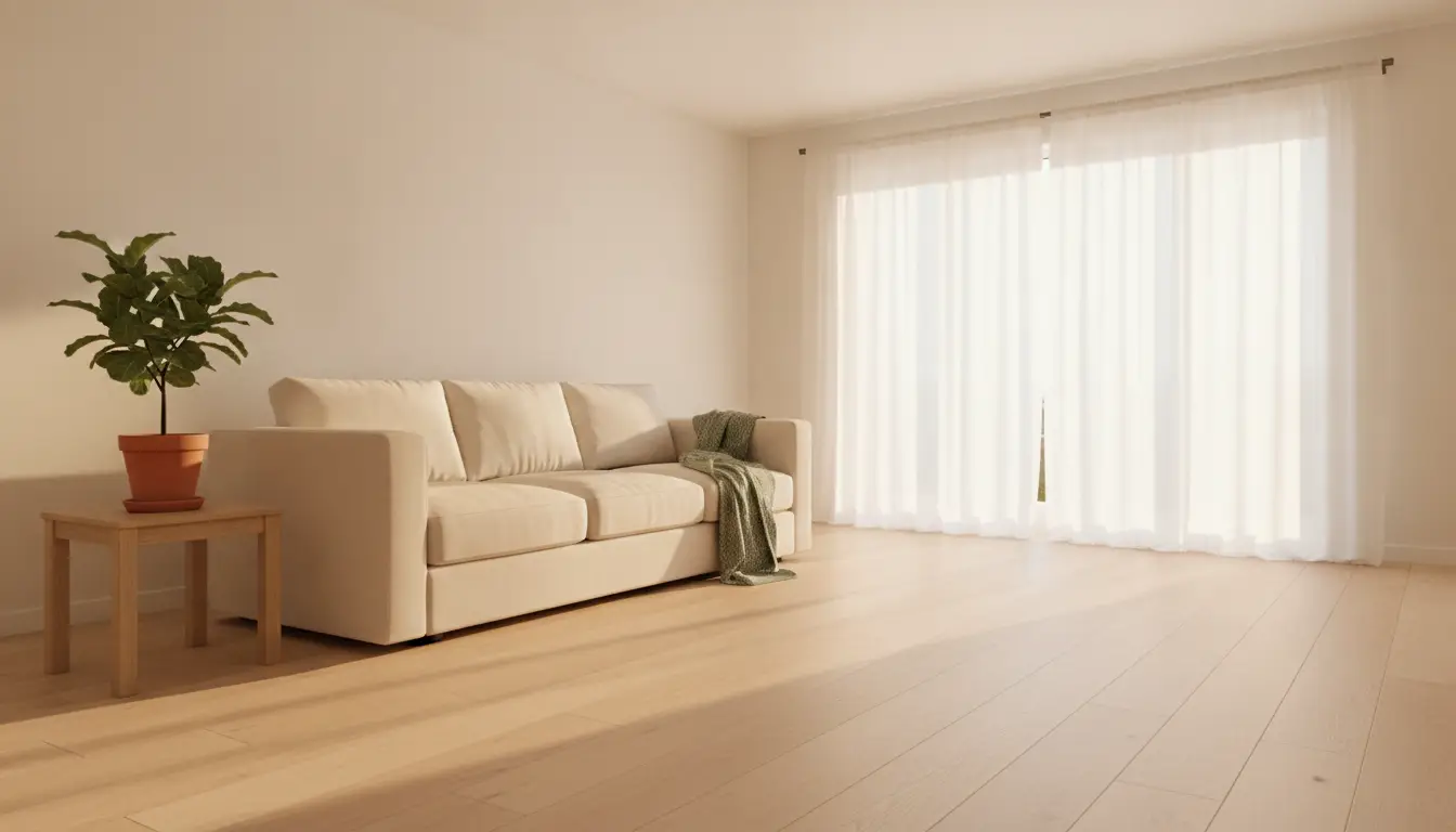 Beige sofa with green blanket in bright living room with potted plant and wooden floor
