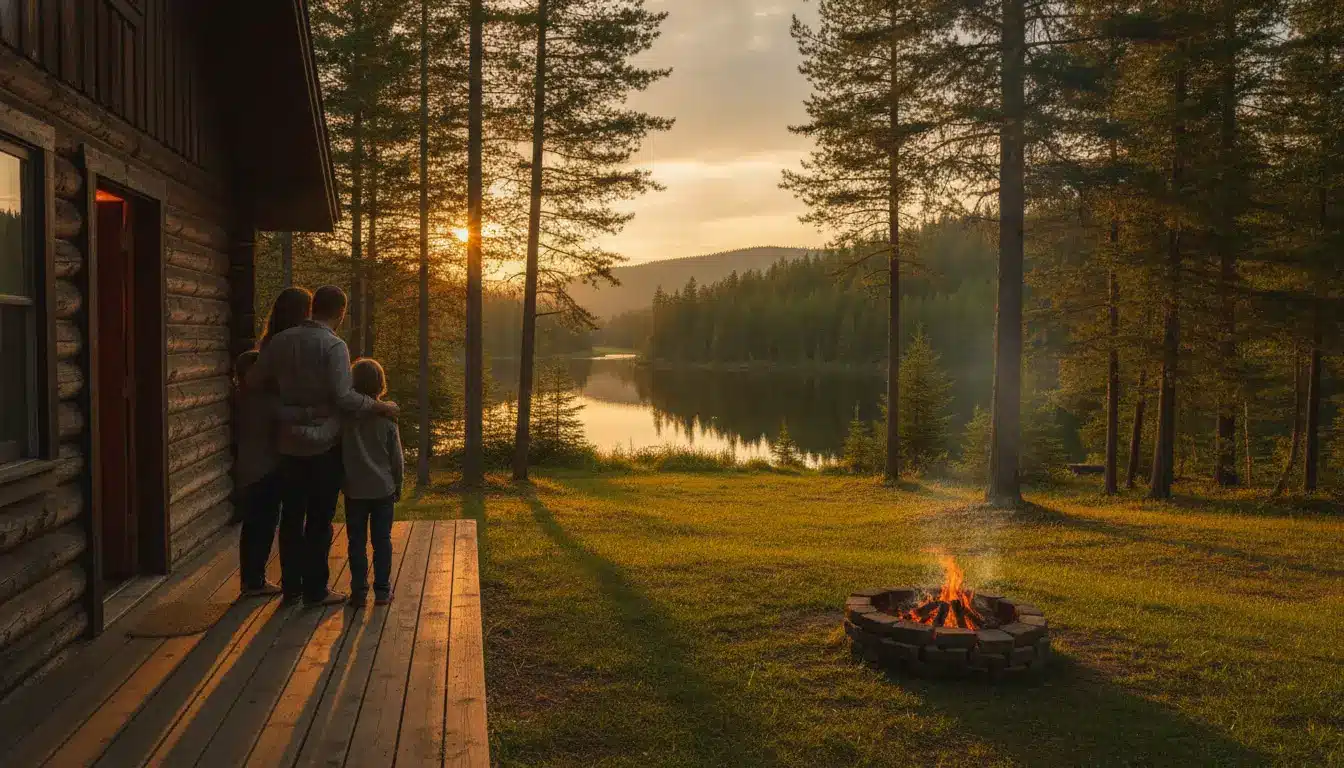 Family standing on cabin porch overlooking serene lake and forest at sunset