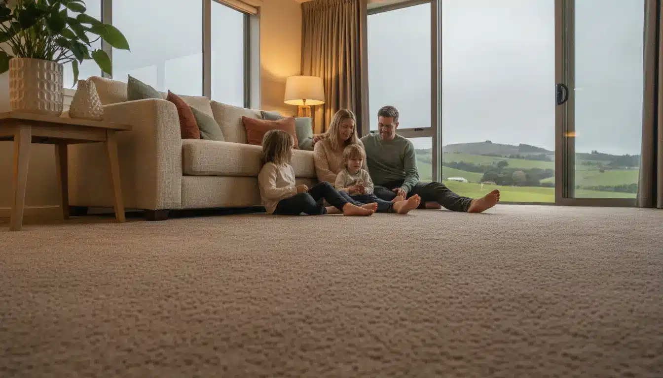 Family sitting together on carpeted floor in cozy living room with large windows and natural light