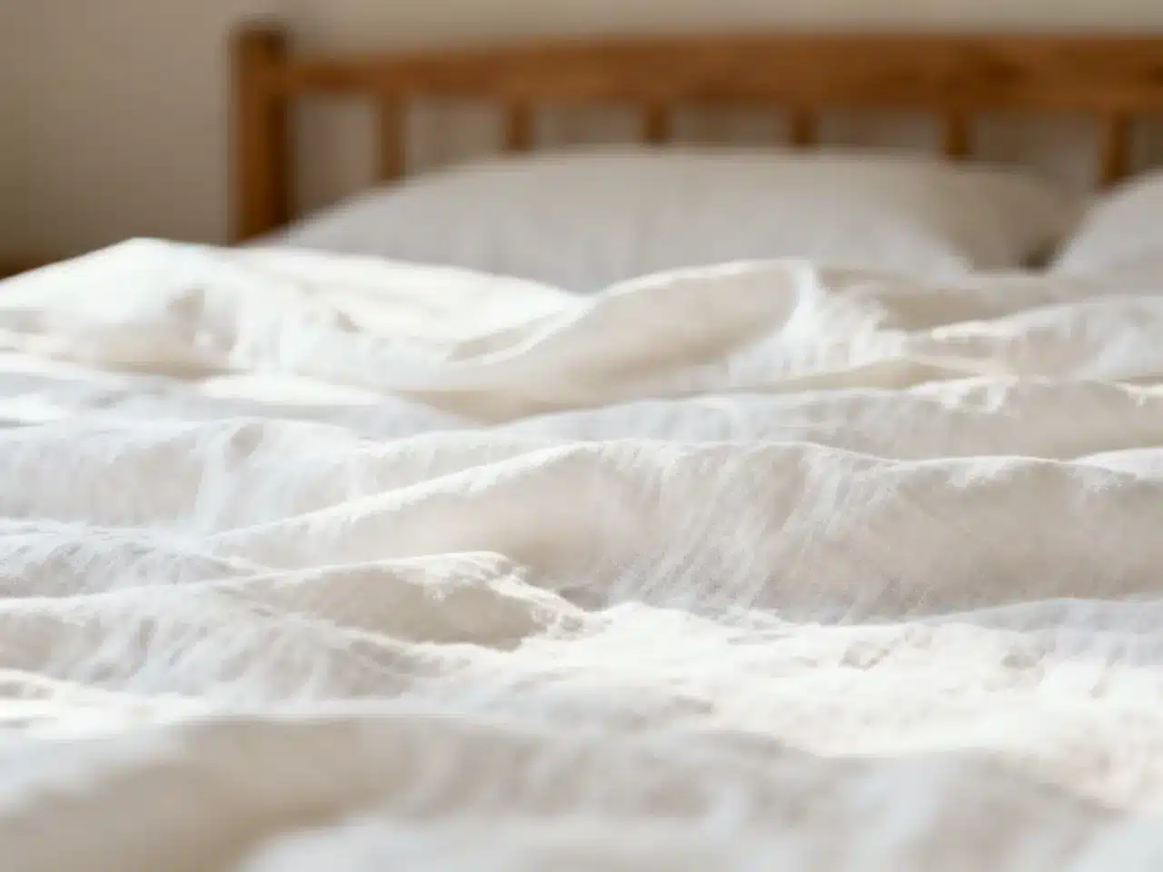 Wrinkled white bed sheets in soft natural light on wooden bed frame