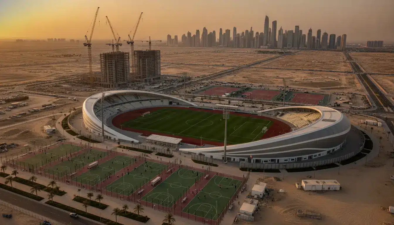 Aerial view of stadium with green field and surrounding sports courts at sunset, cityscape in background